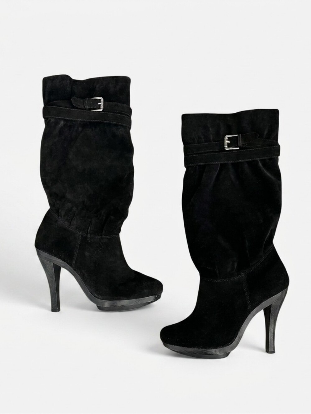 Michael Kors Black Suede Leather Slouchy Mid-Calf Heeled Boots